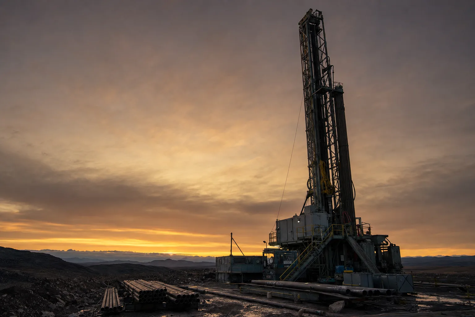 Drilling rig operating at an exploration site at dawn