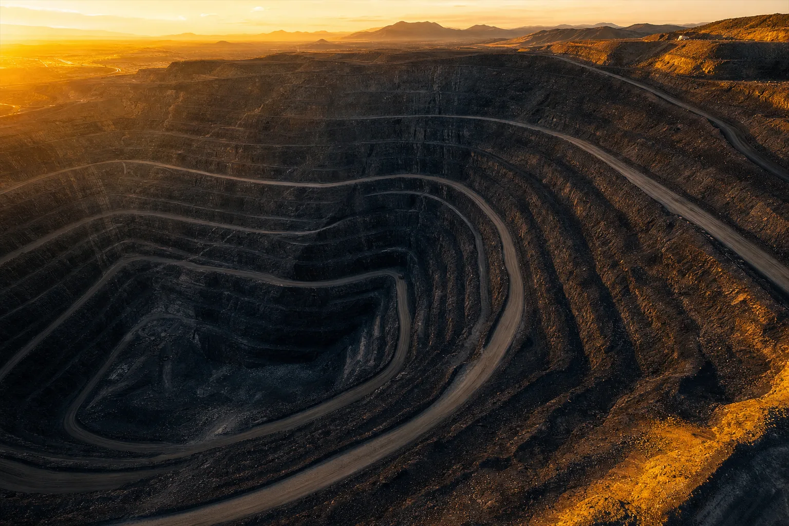 Vast terraced open-pit mine at golden dusk, showing haul roads winding down through layered rock benches