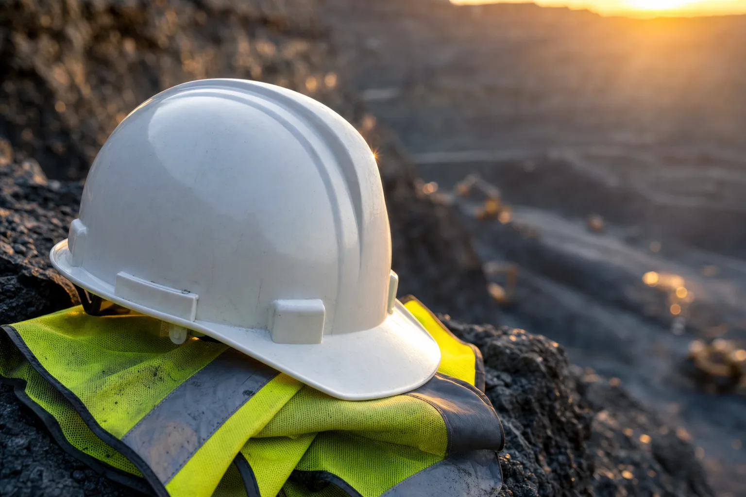 Mining safety helmet and high-visibility vest resting on rock at a mine site