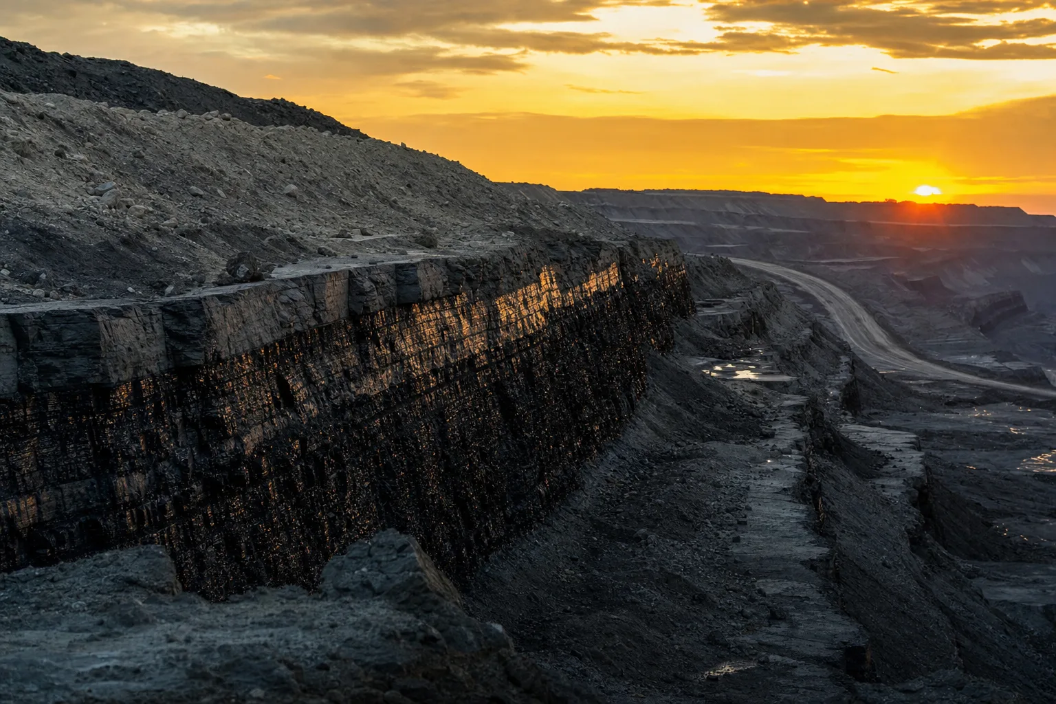 Coal mine open-pit seam exposed in terraced benches under warm sunset light