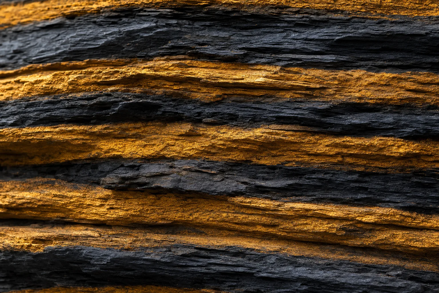 Close-up of layered charcoal and gold-toned sedimentary rock strata
