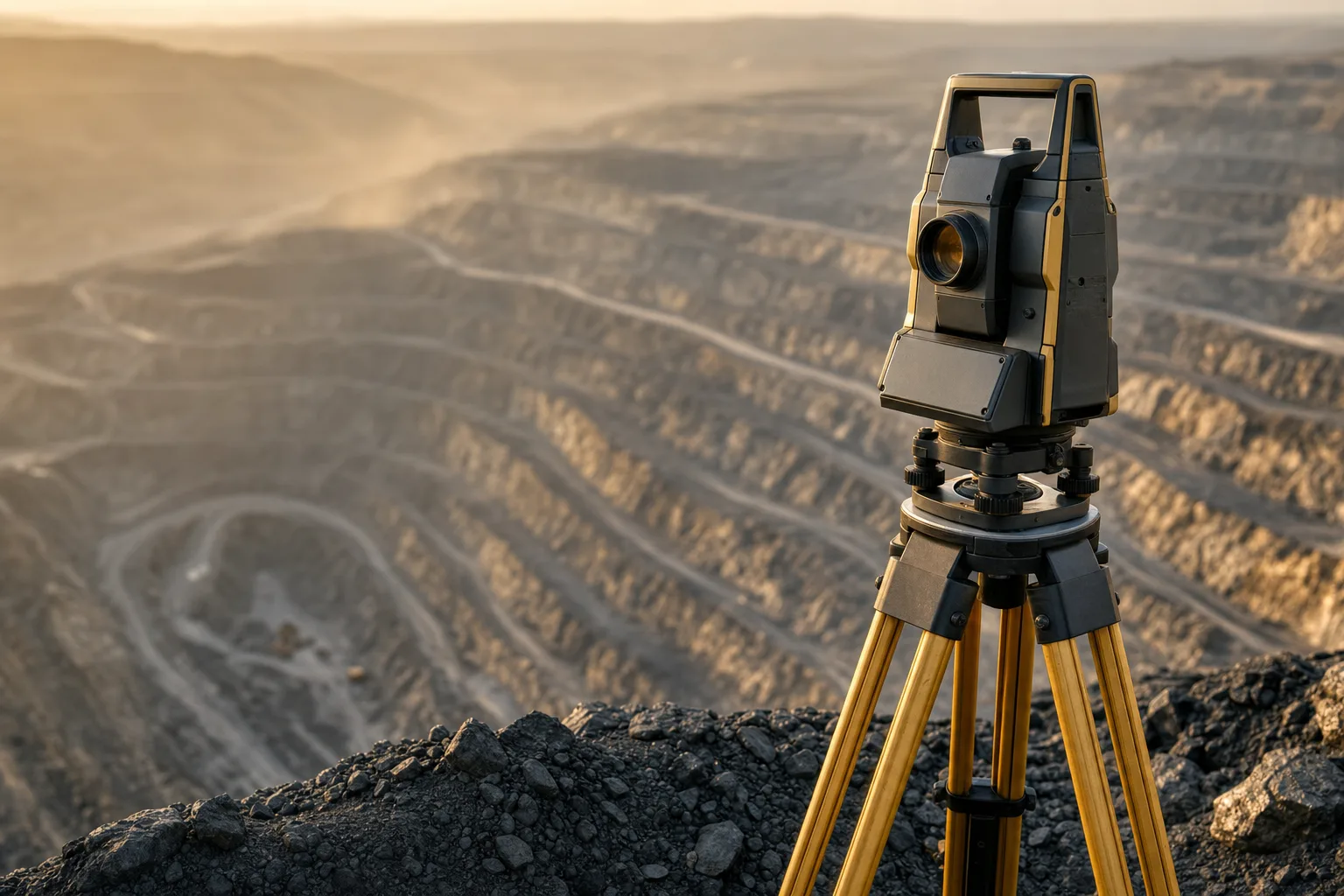 Surveying instrument set up overlooking terraced open-pit mine benches