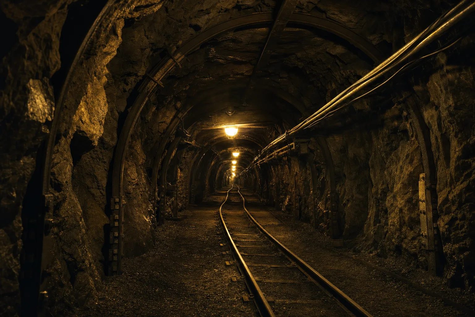 Illuminated underground mine tunnel with rail tracks receding into the depths